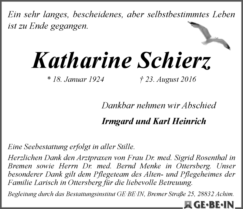 Traueranzeige von Katharine Schierz von WESER-KURIER