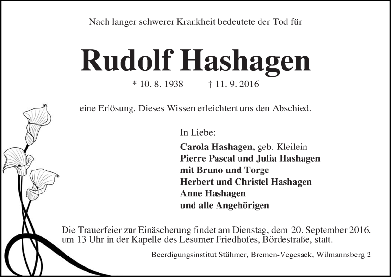  Traueranzeige für Rudolf Hashagen vom 14.09.2016 aus Die Norddeutsche