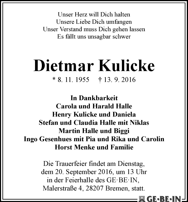 Traueranzeige von Dietmar Kulicke von WESER-KURIER