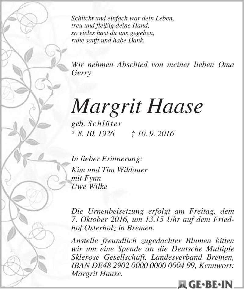 Traueranzeige von Margrit Haase von WESER-KURIER