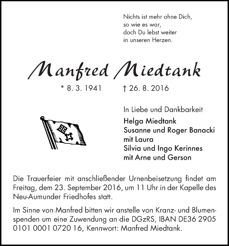 Traueranzeige von Manfred Miedtank von Die Norddeutsche
