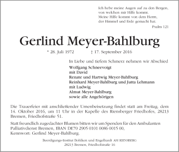 Traueranzeige von Gerlind Meyer-Bahlburg