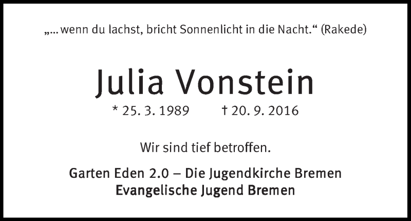  Traueranzeige für Julia Vonstein vom 24.09.2016 aus WESER-KURIER