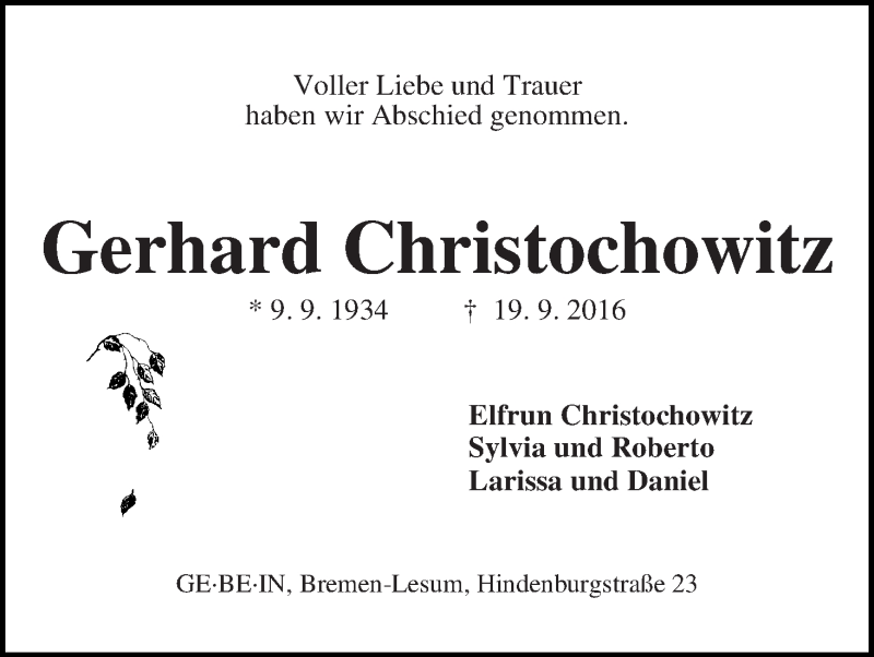 Traueranzeige von Gerhard Christochowitz von Die Norddeutsche