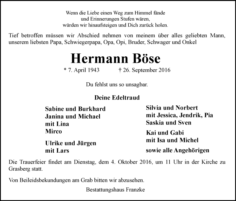  Traueranzeige für Hermann Böse vom 28.09.2016 aus Wuemme Zeitung