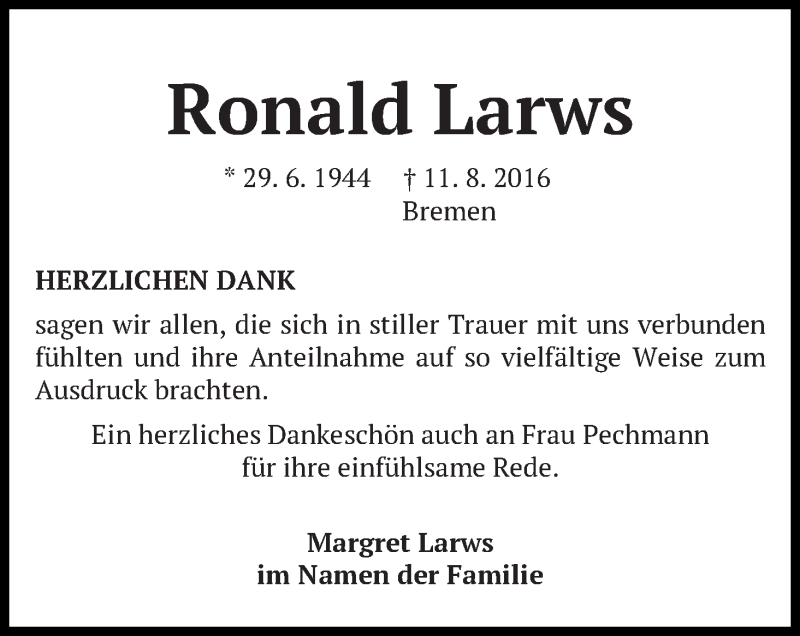 Traueranzeige von Ronald Larws von WESER-KURIER