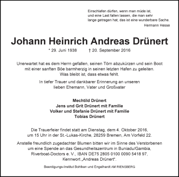Traueranzeige von Johann Heinrich Andreas Drünert