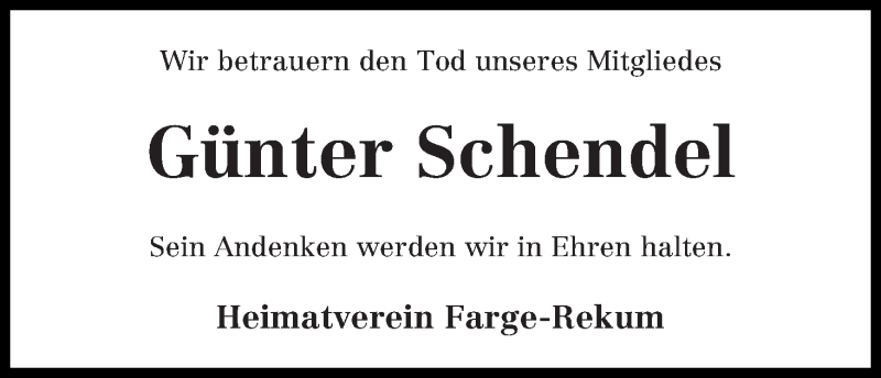 Traueranzeige von Günter Schendel von Die Norddeutsche