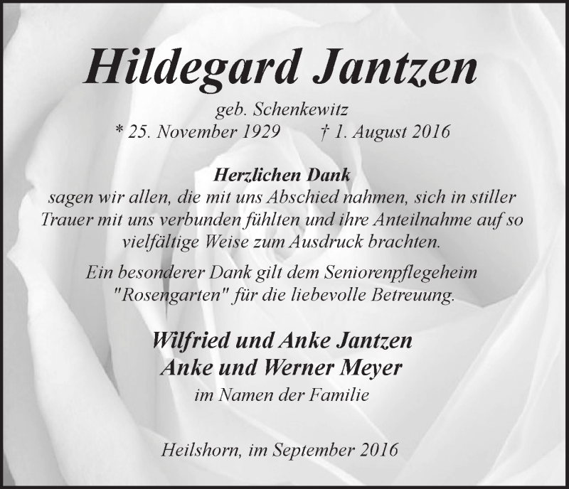 Traueranzeige von Hildegard Jantzen von Osterholzer Kreisblatt