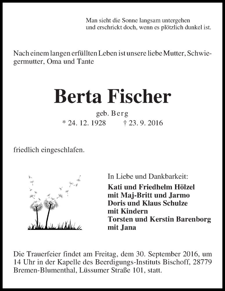 Traueranzeige von Berta Fischer von Die Norddeutsche