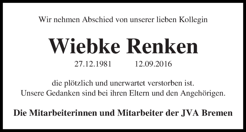  Traueranzeige für Wiebke Renken vom 21.09.2016 aus WESER-KURIER