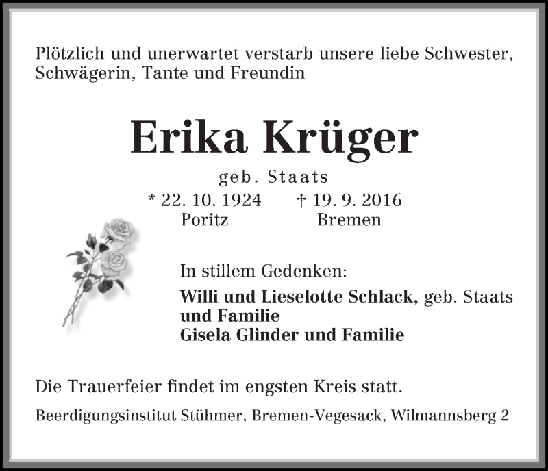  Traueranzeige für Erika Krüger vom 24.09.2016 aus Die Norddeutsche
