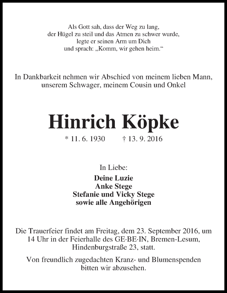 Traueranzeige von Hinrich Köpke von Die Norddeutsche