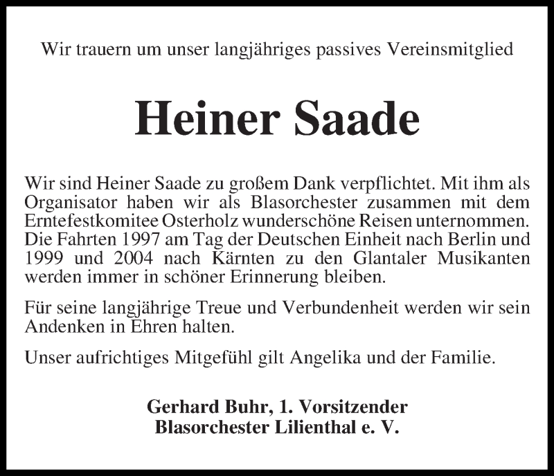  Traueranzeige für Heiner Saade vom 17.09.2016 aus Osterholzer Kreisblatt