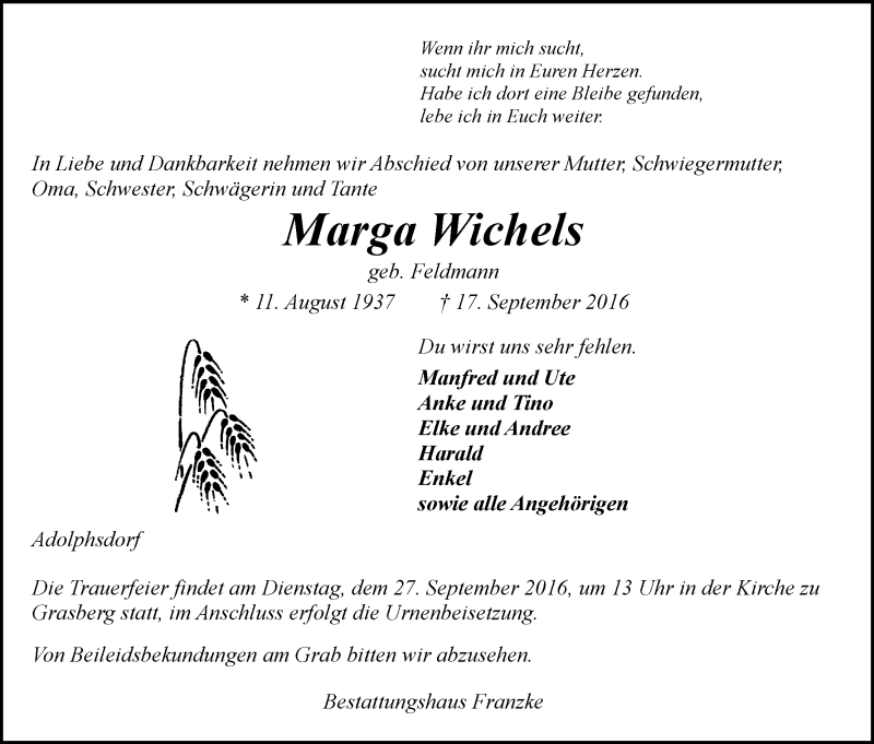 Traueranzeige von Marga Wichels von Wuemme Zeitung