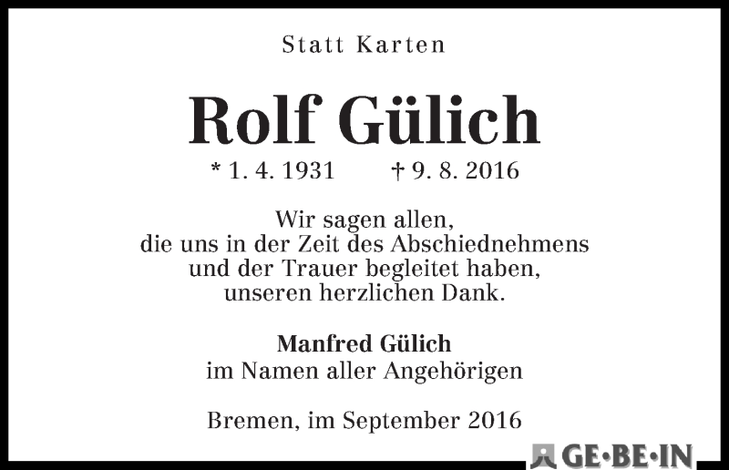 Traueranzeige von Rolf Gülich von WESER-KURIER