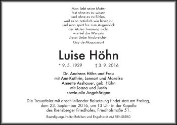 Traueranzeige von Luise Höhn