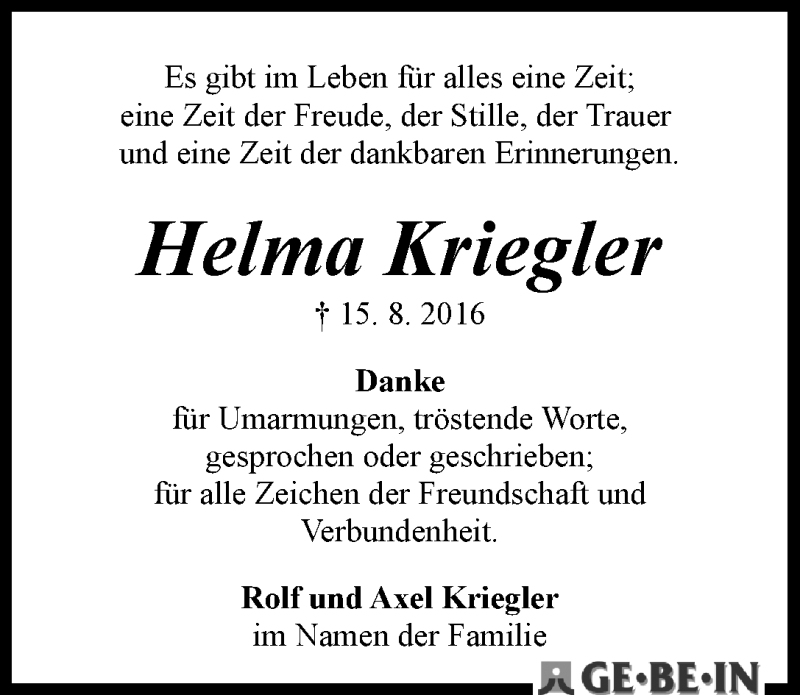 Traueranzeige von Helma Kriegler von WESER-KURIER