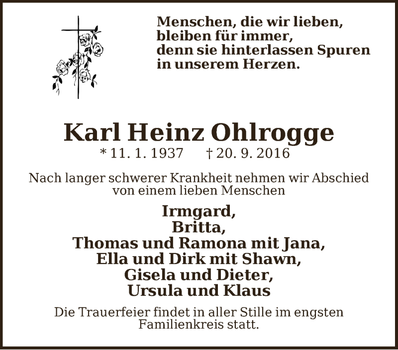  Traueranzeige für Karl Heinz Ohlrogge vom 24.09.2016 aus Wuemme Zeitung