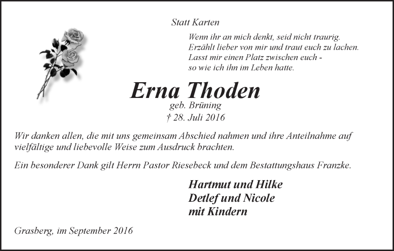 Traueranzeige von Erna Thoden von Wuemme Zeitung