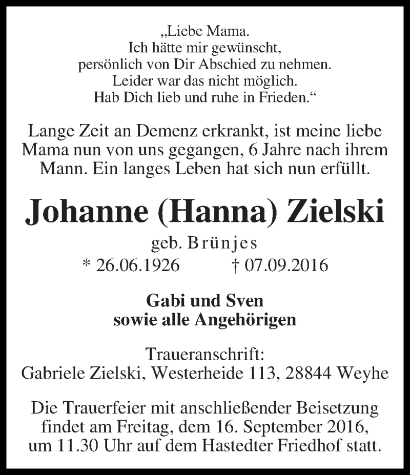 Traueranzeige von Johanne (Hanna) Zielski von WESER-KURIER