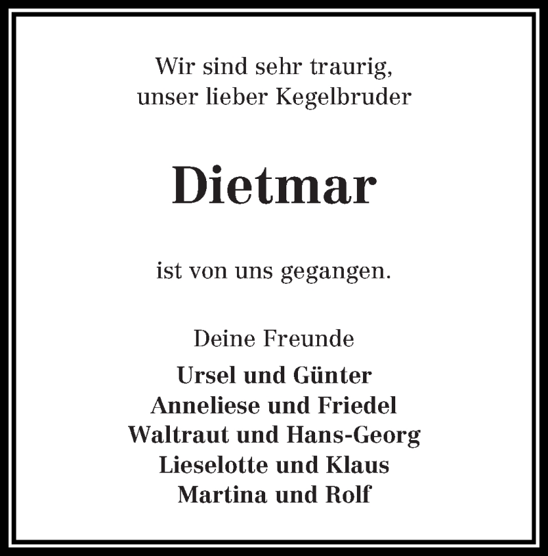 Traueranzeige von Dietmar Schmidt von Die Norddeutsche