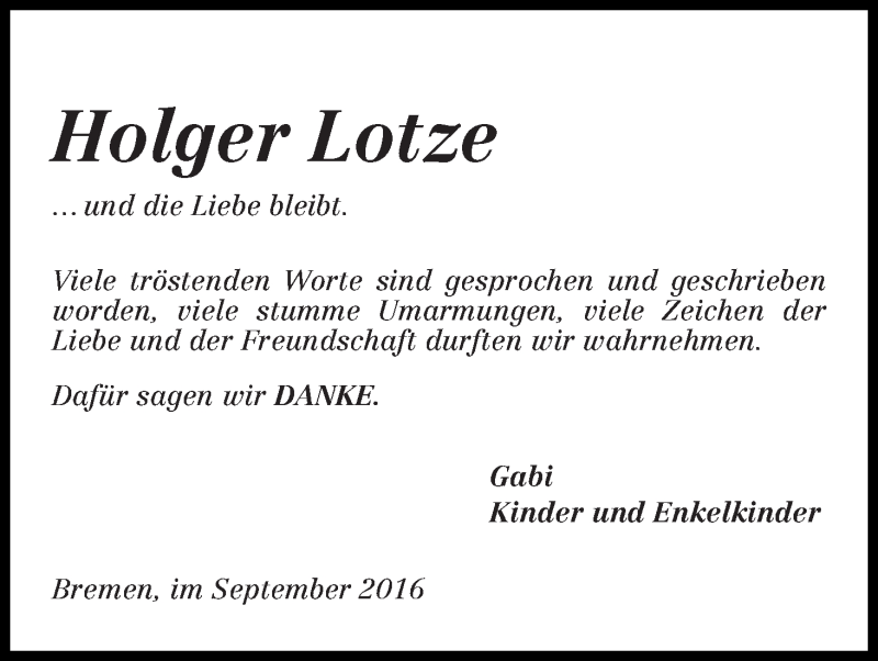 Traueranzeige von Holger Lotze von WESER-KURIER