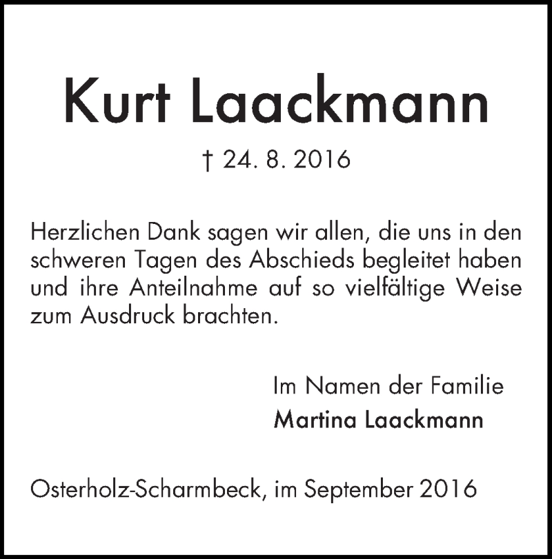 Traueranzeige von Kurt Laackmann von WESER-KURIER