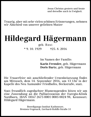 Traueranzeige von Hildegard Hägermann