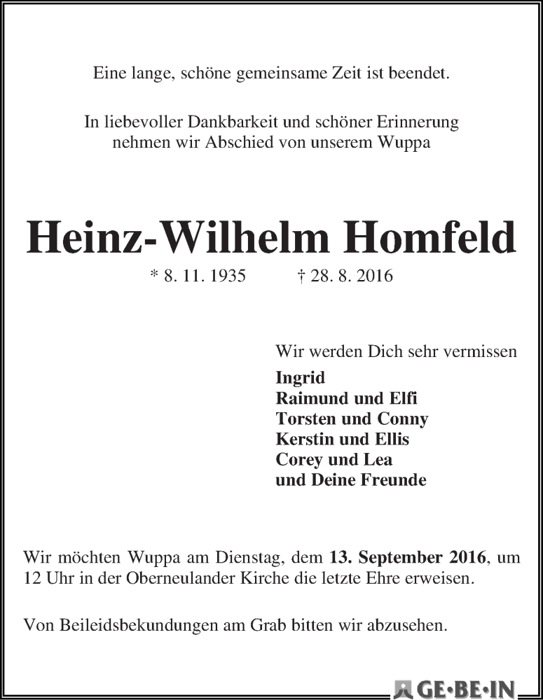 Traueranzeige von Heinz-Wilhelm Homfeld von WESER-KURIER