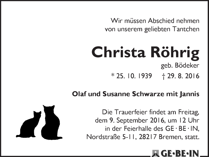 Traueranzeige von Christa Röhrig von WESER-KURIER