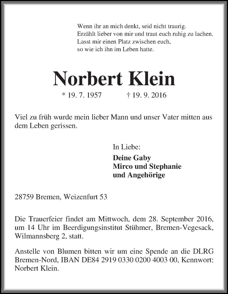  Traueranzeige für Norbert Klein vom 23.09.2016 aus Die Norddeutsche