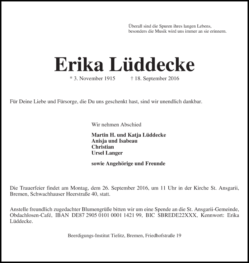 Traueranzeige von Erika Lüddecke von WESER-KURIER