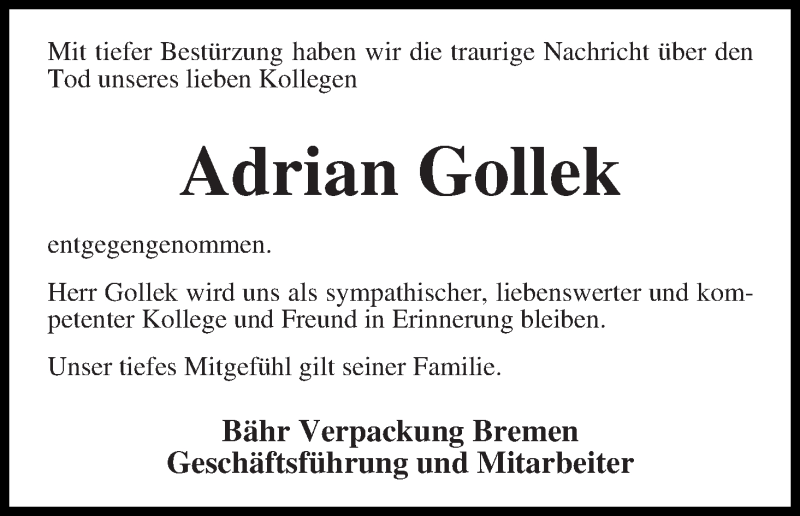  Traueranzeige für Adrian Gollek vom 17.09.2016 aus WESER-KURIER