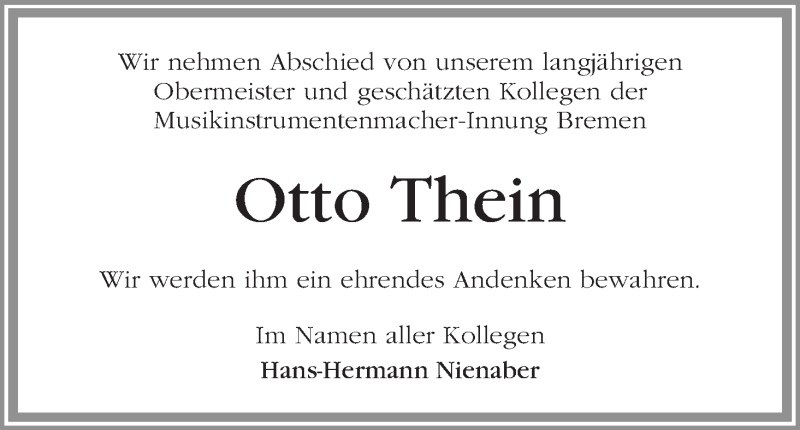  Traueranzeige für Otto Thein vom 03.09.2016 aus WESER-KURIER