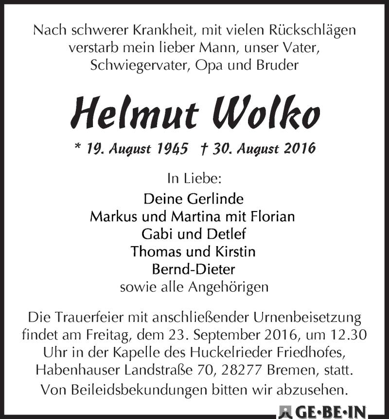 Traueranzeige von Helmut Wolko von WESER-KURIER