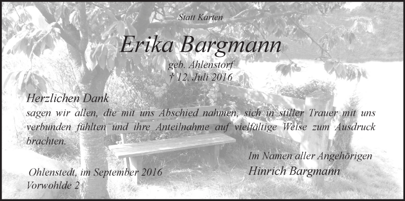 Traueranzeige von Erika Bargmann von Osterholzer Kreisblatt