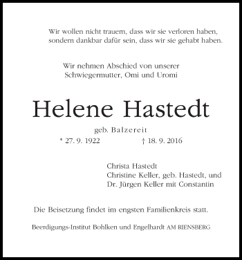 Traueranzeige von Helene Hastedt