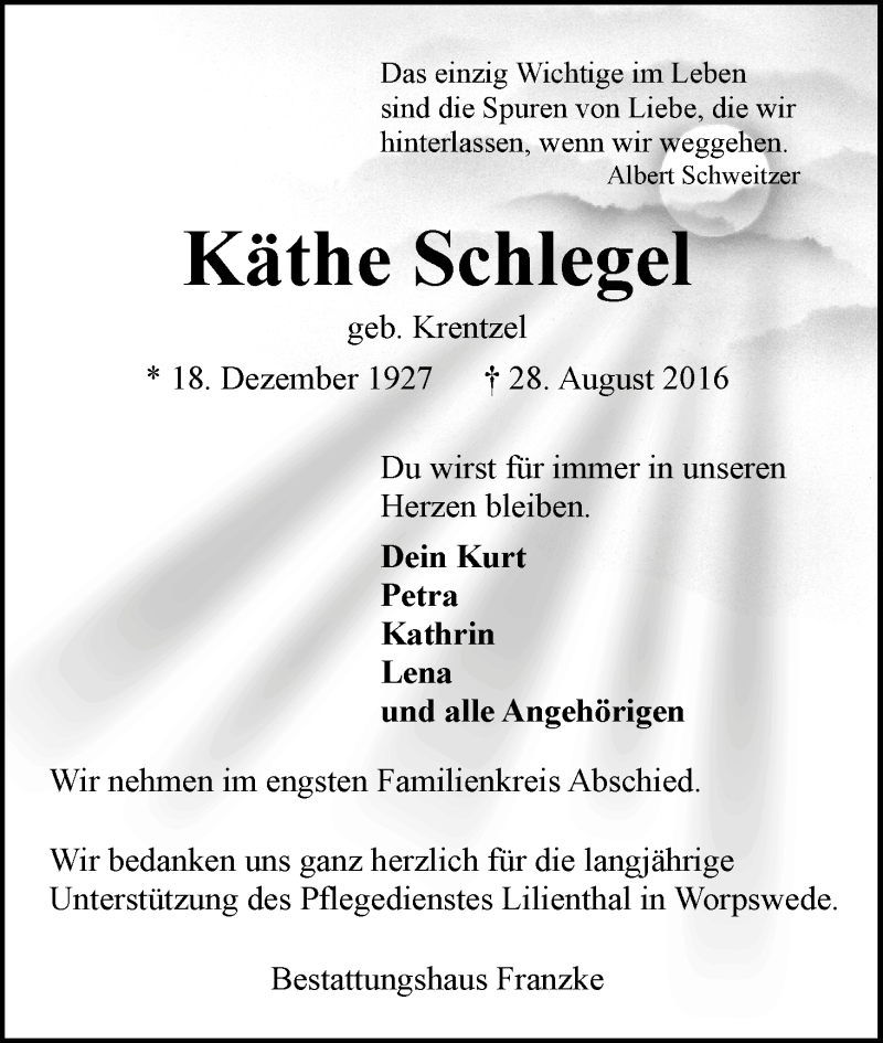 Traueranzeige von Käthe Schlegel von Wuemme Zeitung