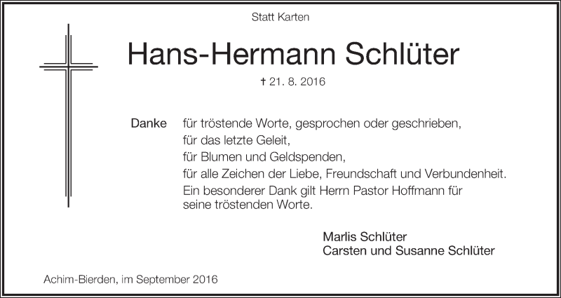 Traueranzeige von Hans-Hermann Schlüter von Achimer Kurier/Verdener Nachrichten