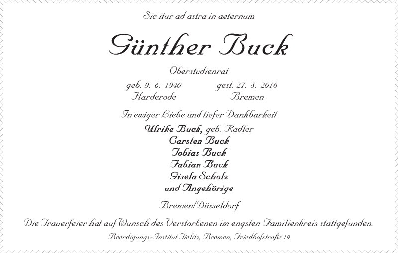 Traueranzeige von Günther Buck von WESER-KURIER