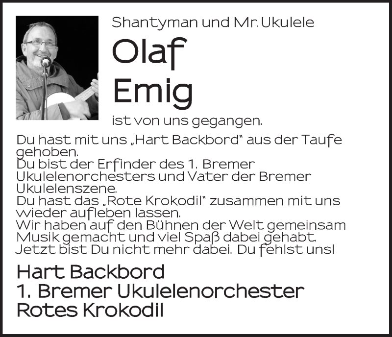  Traueranzeige für Olaf Emig vom 24.09.2016 aus WESER-KURIER