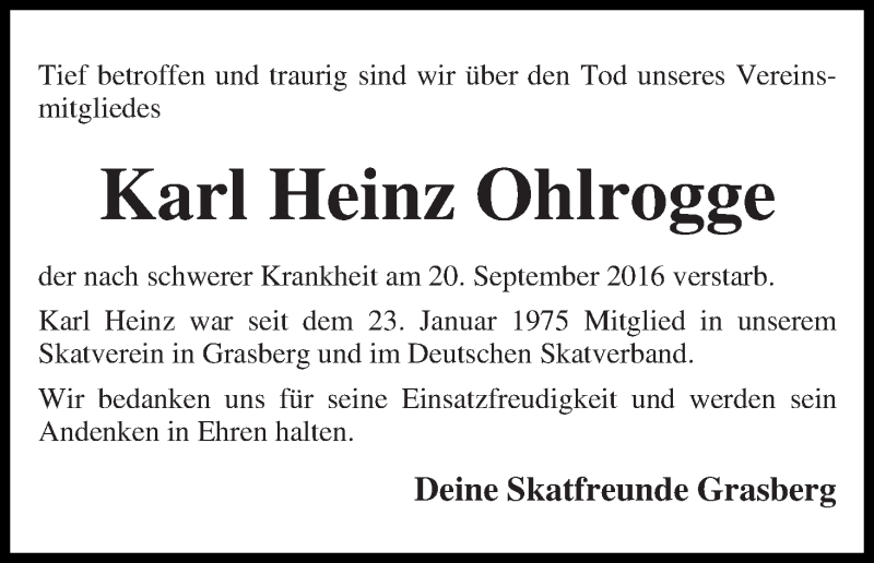  Traueranzeige für Karl Heinz Ohlrogge vom 24.09.2016 aus Wuemme Zeitung