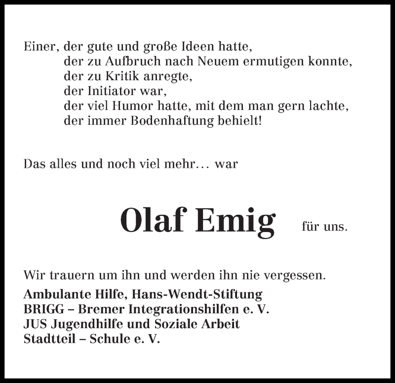  Traueranzeige für Olaf Emig vom 28.09.2016 aus WESER-KURIER