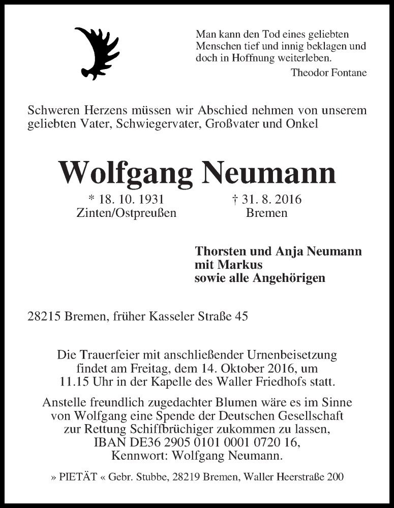 Traueranzeige von Wolfgang Neumann von WESER-KURIER