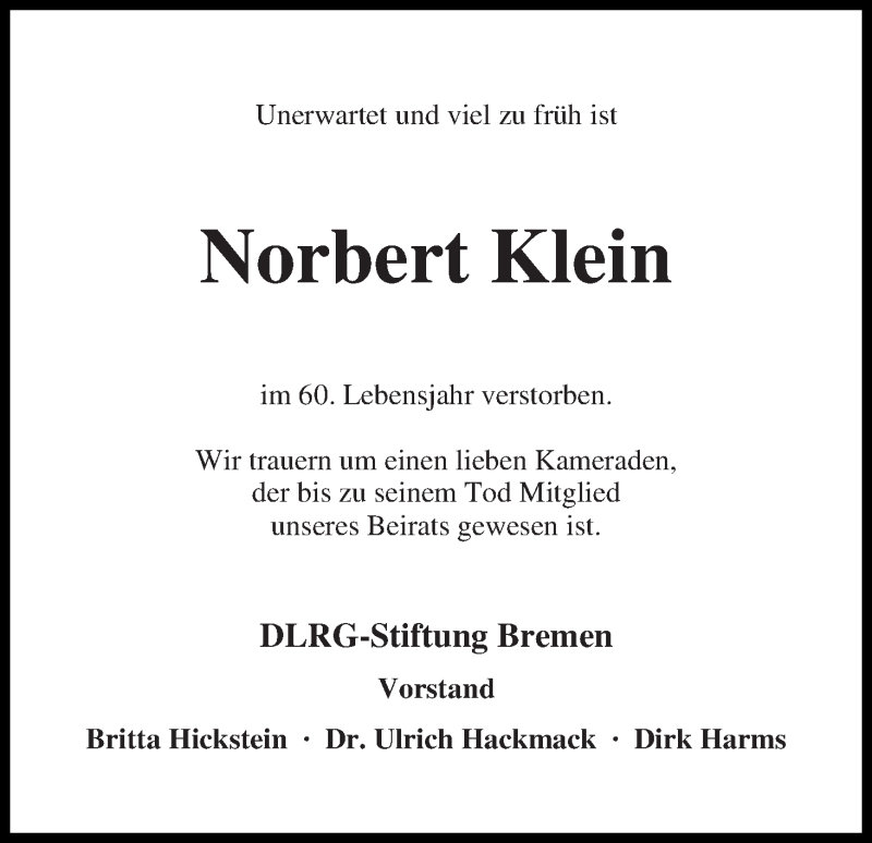  Traueranzeige für Norbert Klein vom 24.09.2016 aus Die Norddeutsche