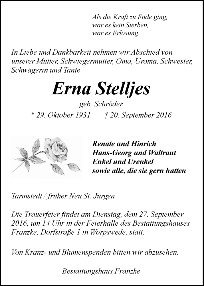 Traueranzeige von Erna Stelljes von Wuemme Zeitung