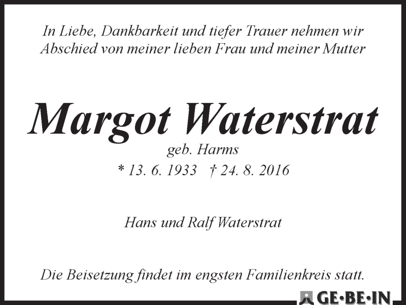 Traueranzeige von Margot Waterstrat von WESER-KURIER