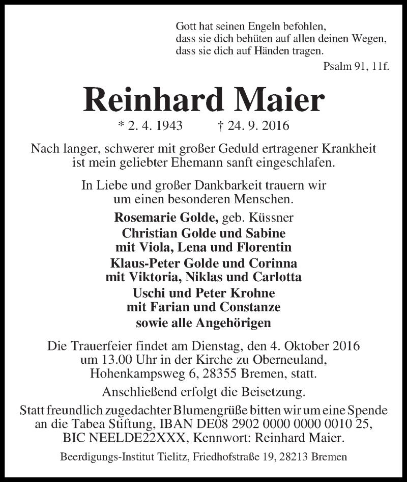 Traueranzeige von Reinhard Maier von WESER-KURIER