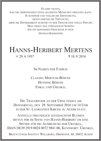 Traueranzeige von Hanns-Heribert Mertens